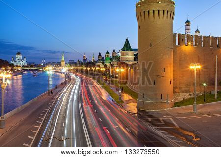 Kremlevskaya naberezhnaya and Kremlin wall in the evening Moscow Russia