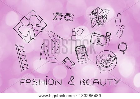 Mixed Glamour Objects On Desk, Fashion & Beauty