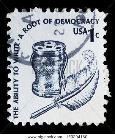 United States Used Postage Stamp Showing Quill Pen And Inkwell