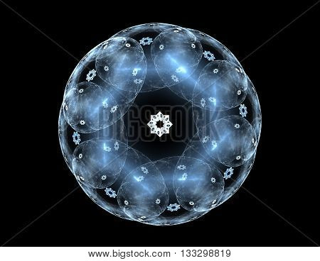 Particles of abstract fractal forms on the subject of nuclear physics science and graphic design. Geometry sacred futuristic quantum digital hologram texture in development wave surreal design.