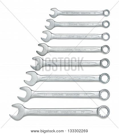 Cut-out wrenches horizontally placed from the biggest to the smallest in a row. Top view composition. Hand tool. Tools for carpentry work. Type of fastener. Mend and repair. Parts for repair. Hexagonal shape.