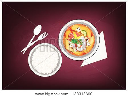 Thai Cuisine Tom Yum Goong or Thai Spicy and Sour Soup with Shrimps on Chalkboard. One of The Most Famous Food in Thailand.