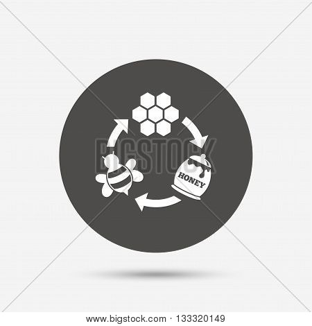 Producing honey and beeswax sign icon. Honeycomb cells symbol. Honey in pot. Sweet natural food cycle in nature. Gray circle button with icon. Vector