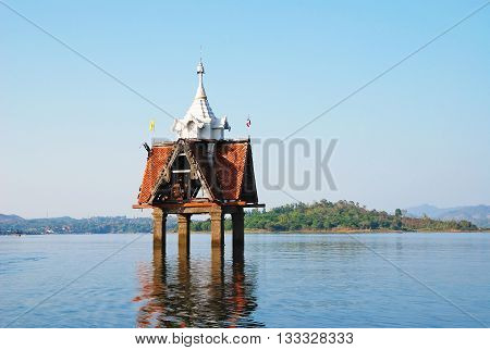 The sunken temple, a famous landmark in Sangkhla Buri District, Kanchanaburi, Thailand