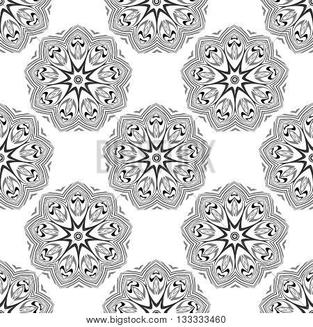 Vector seamless pattern. Floral stylish background. Monochrome repeating texture with linear geometric flowers