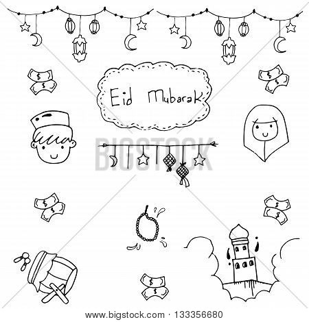 Eid mubarak doodle vector art hand draw