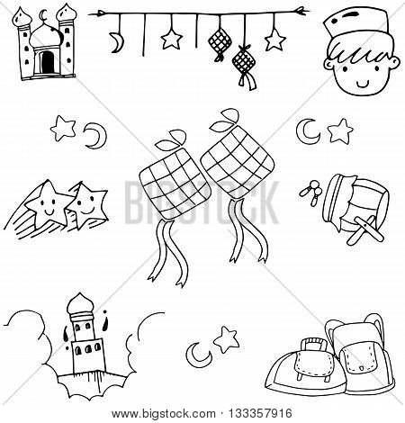 Set Eid Mubarak doodle vector art hand draw