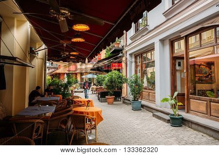 Tbilisi, Georgia - May 19, 2016: Cozy Outdoor Cafes In The Shardeni Street Of Old Town Tbilisi, Georgia.