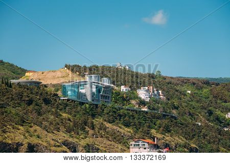 Tbilisi, Georgia - May 19, 2016: The complex of buildings, residence and trade center in Sololaki Ridge owned by the Georgian tycoon Boris Ivanishvili in Tbilisi. Architect Shin Takamatsu.