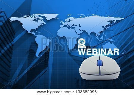 Wireless computer mouse with webinar icon over map and city tower background Seminar online concept Elements of this image furnished by NASA