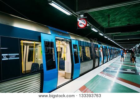 Stockholm Sweden - July 30 2014: Modern Stockholm Metro Train Station Sweden. Underground
