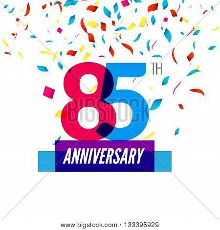 Anniversary design. 85th icon anniversary. Colorful overlapping design with colorful confetti.