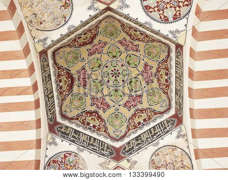 EDIRNE TURKEY 02.04.2016: Traditional Turkish painting on the dome of the mosque Samii 1437 - 1447 in the city of Edirne in Turkey