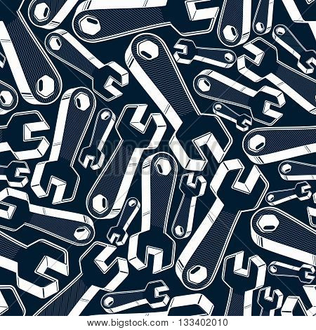 Black and white seamless vector background with detailed 3d wrenches.