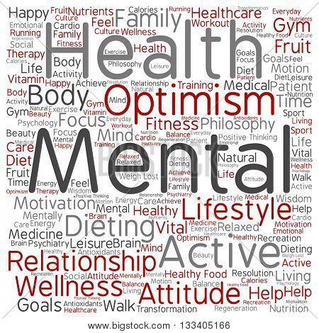 Concept or conceptual mental health or positive thinking square word cloud isolated on background, metaphor to optimism, psychology, mind, healthcare, thinking, attitude, balnce or motivation