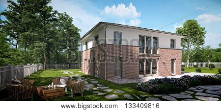 modern townhouse with a lot of green. 3d rendering
