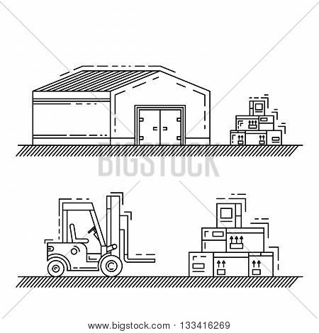 The warehouse work with loading and unloading of cargo. Warehouse complex style linear outline. Forklift works in a warehouse.