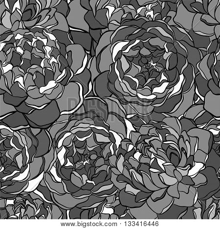 Beautiful seamless background with monochrome black and white flowers. Hand-drawn contour lines and strokes. Perfect for background greeting cards and invitations of the wedding birthday Valentine's Day.