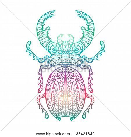 Decorative Stag Beetle. Lacy fancy insect hand drawn zentangle art gradient colored isolated design element. Vector illustration.
