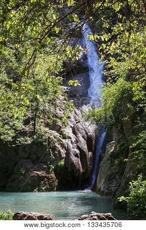 Waterfall Kaya bunar in springtime in Veliko Tarnovo, Bulgaria