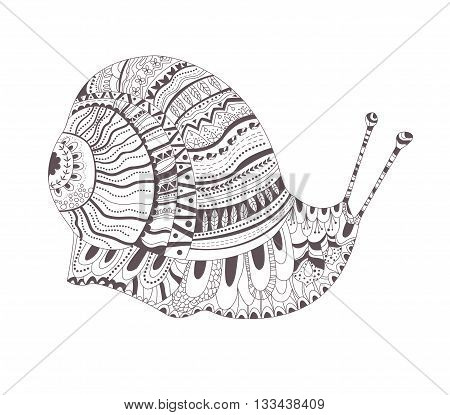 Zentangle style. Hand drawn vector isolated illustration on white background. Henna mehendi, tattoo sketch. Snail