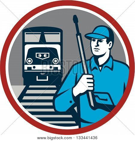 Illustration of power washer worker holding pressure washing gun on shoulder looking to the side with train and rail tracks in the background viewed from front set inside circle done in retro style.