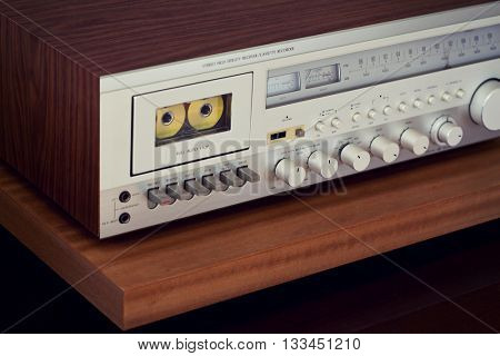 Vintage Cassette Deck Stereo Receiver Angled View Closeup