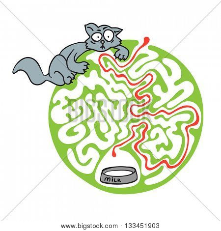 Maze puzzle for kids with cat and milk. Labyrinth illustration, solution included.