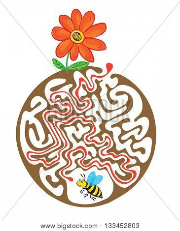 Maze puzzle for kids with bee and flower. Labyrinth illustration, solution included.