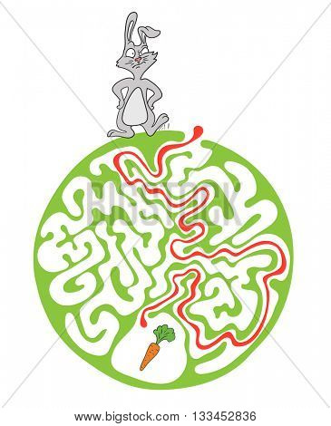 Maze puzzle for kids with rabbit and carrot. Labyrinth illustration, solution included.