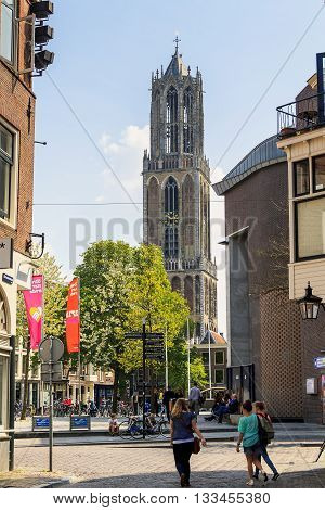 UTRECHT, NETHERLANDS - MAY 6, 2013: This is main showplace of the city - belfry Domtoren.