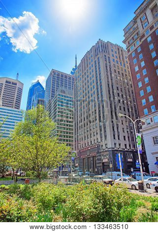 Pennsylvania Railroad Suburban Train Station And Skyline With Skyscrapers