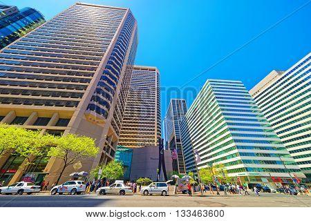 Street View Of Clothespin Sculpture And Skyscrapers In Philadelphia