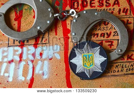 ILLUSTRATIVE EDITORIAL.Chevron of Ukrainian new pro-american police.June 7,2016 in Kiev, Ukraine