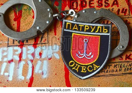 ILLUSTRATIVE EDITORIAL.Chevron of Ukrainian new pro-american police.June 7,2016 in Kiev, Ukraine