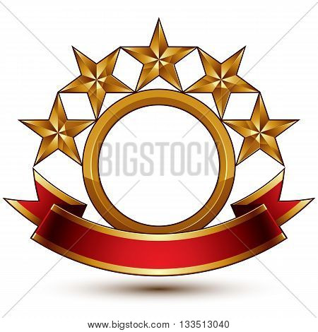 Majestic vector golden ring isolated on white background 3d polished five golden stars.