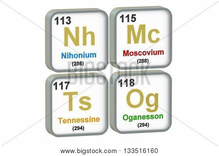 Nihonium Moscovium Tennessine Oganesson chemical elements isolated on white background 3D rendering