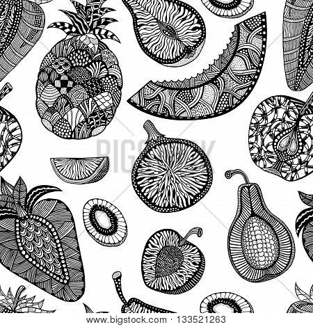 Seamless pattern backgroud of fruit. Plant. Exotic fruit. Line art. Monochrome Hand drawn. Doodle vector illustration.