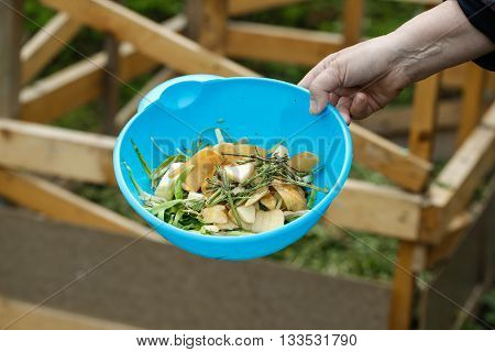 Organic kitchen waste gathered for composting in the garden. Natural gardening waste sorting food wasting concept.