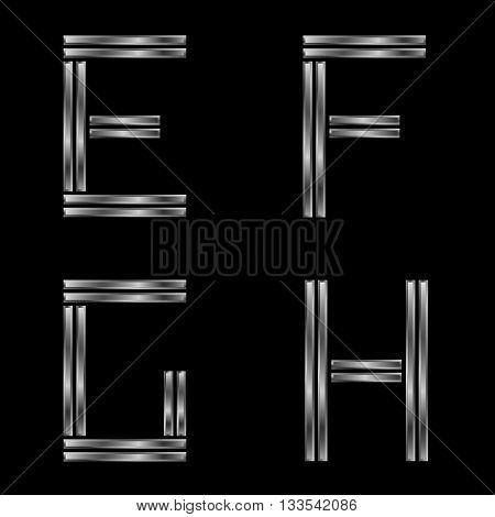 EFGH letters. Silver metal alphabet, metallic font