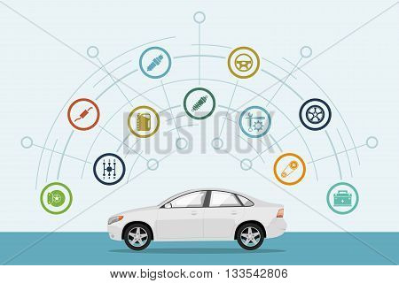 infographic template with car and car parts icons service and repair concept flat style illustration