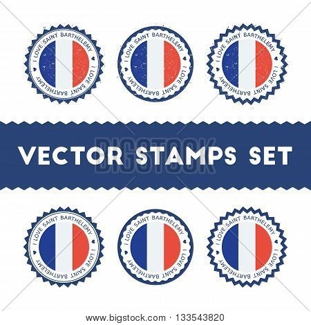 I Love Saint Barthelemy Vector Stamps Set. Retro Patriotic Country Flag Badges. National Flags Vinta