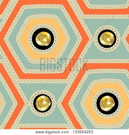 Seamless pattern - decorative embroidery with geometrical drawing and with gold sequins. Vector illustration.
