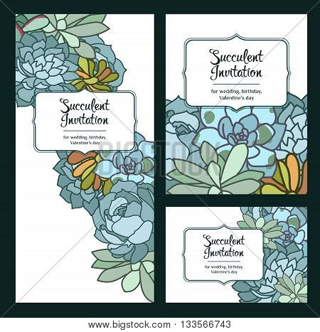 invitation Succulent flower isolated hand drawn vector illustration, agave succulent icon, with corner in oriental style, text, flat design