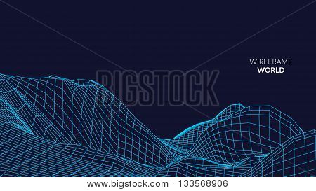 Wireframe Landscape Background. Futuristic Landscape with line Grid. Low Poly 3D Wireframe Mapping. Network Cyber Technology background.
