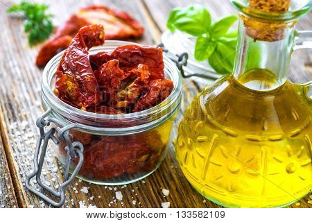 Sun Dried Tomatoes On Wooden Background