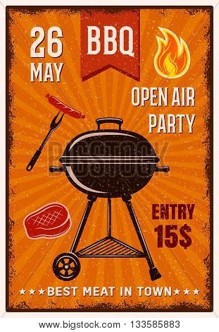 BBQ open air party vintage poster with grill in center sausage steak on orange background vector illustration