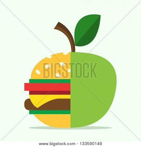 Half hamburger combined with apple. Food healthy eating lifestyle fitness health fruit and diet concept. EPS 8 vector illustration no transparency