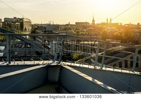 8 may 2016. Saint-Petersburg. View of the city from the height of the Rail "American" bridges over the Obvodny canal at sunset in St. Petersburg. Russia