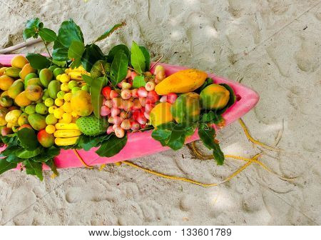 The exotic tropical fruits on the boat